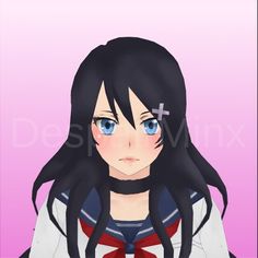 an anime character with long black hair and blue eyes, wearing a white shirt and red bow