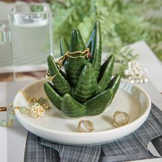 a small green plant sitting on top of a white plate next to other jewelry items