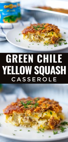 green chile yellow squash casserole on a white plate