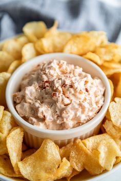 a white plate topped with chips and dip