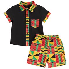 Green Short Sleeve Sets With Buttons, Black Patchwork Sets For Summer, Short Sleeve Sets With Buttons For Vacation, Boys Ankara Outfits, African Dance Outfits, Short And Shirt Outfit, Boys Clothing Styles, Ankara Top Styles, Baby African Clothes