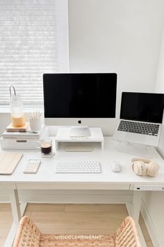 Neutral aesthetic minimalist home office desk workspace setup with candle warmer, pencil holder, stackable file organizer, ipad, calculator, monitor riser for iMac, wireless keyboard, wireless charging pad, laptop stand for Macbook, and over the ear headphones Neutral Aesthetic Home, Neutral Minimalist Aesthetic, Amazon Home Office, Office Decor Workplace, Aesthetic Home Office, Office Desk Set, Wooden Desk Organizer, Elegant Living Room Design, Minimalist Desk