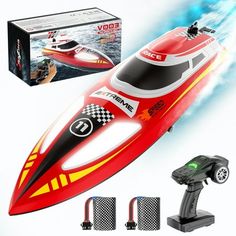 the remote control boat is red with yellow and white stripes on it's side