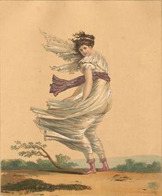 an illustration of a woman dressed in white and flying through the air with her arms outstretched