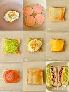 there are many different types of sandwiches on the trays with eggs and vegetables in them