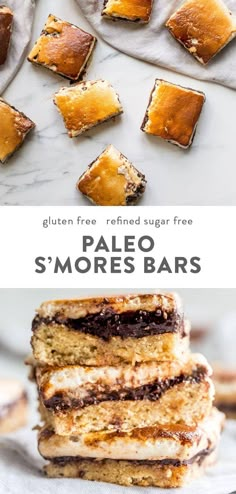 the recipe for paleo s'mores bars is shown in three different images