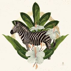 a zebra surrounded by tropical leaves and flowers