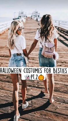 two women walking down a pier with the words halloween costumes for besties pt 2