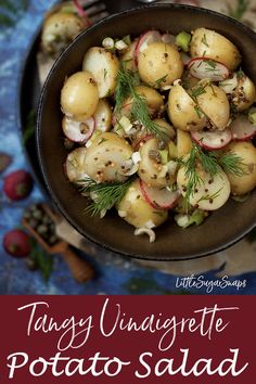 potato salad in a bowl with radishes and dill sprigs on top