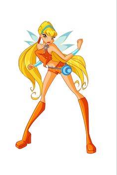 a cartoon girl dressed as tinkerbell with long blonde hair and orange boots on