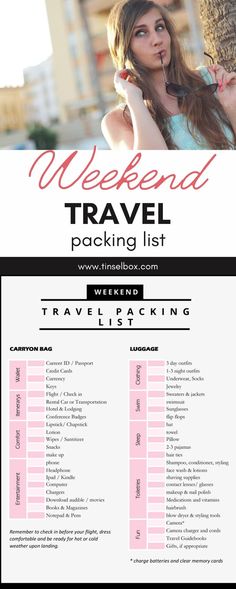 a woman standing next to a tree with the words weekend travel packing list on it