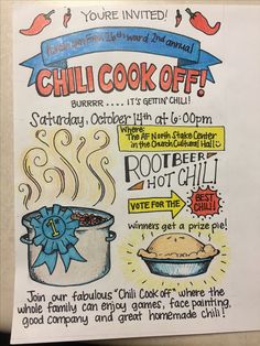 a poster advertising a chili cook off with information about what to eat and where to order