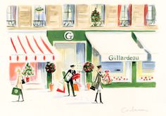 a watercolor painting of people walking in front of a store with christmas wreaths on the windows