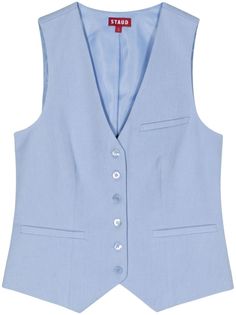 Classic Blue Cotton Vest, Light Blue Waistcoat, Blue Waistcoat, Light Blue Vest, Blue Button-up Vest With Button Closure, Washed Blue Button-up Denim Vest With Pockets, Blue Vests, Outerwear Vest, Vest Top