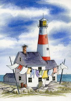 a painting of a lighthouse with clothes hanging out to dry