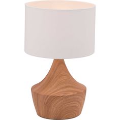 the wooden table lamp has a white shade on it's base and is made from wood