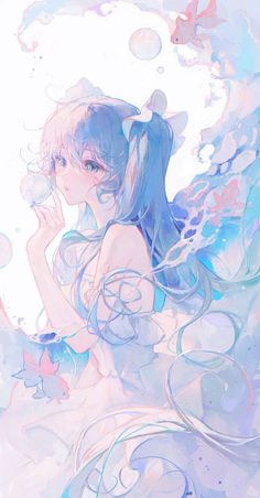 an anime character with blue hair and bubbles