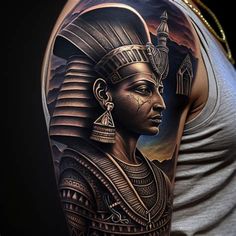 an egyptian woman with black and grey tattoos on her arm, wearing a headdress