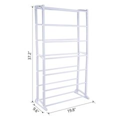 a white rack with three shelves on each side and measurements for the top shelf in front