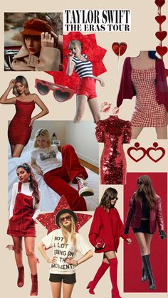 the collage shows many different styles of clothing and accessories, including red dresses with hearts on them