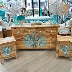 Coastal Dresser and Nightstand Set w/ Hand Painted Original Art Sunshine & Sweet Peas Coastal Decor Coastal Hardware, Mermaid Dresser, Beachy Bedroom Decor, Italian Beach House, Dresser And Nightstand Set, Coastal Dresser, Dresser And Nightstand, Italian Beach, Beachy Bedroom