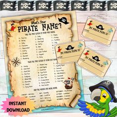 printable pirate name game with parrot and pirate ship on parchment paper for kids to play