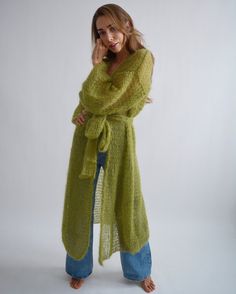 Green Long Mohair Cardigan Belted Maxi Cardigan Oversized - Etsy Mohair Coat, Knit Belt, Crochet Blouse Pattern, Long Cardigan Coat, Cardigan Kimono, Crochet Vest Pattern, Handmade Knitwear, Cardigan Oversized, Long Knit Cardigan