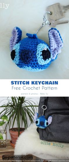 a crocheted keychain is shown with the stitch key chain attached to it