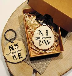 a couple of key chains sitting in a box on top of a wooden table next to a sign that says n is for w