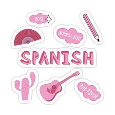 pink stickers with the words spanish and various items to describe them in different languages