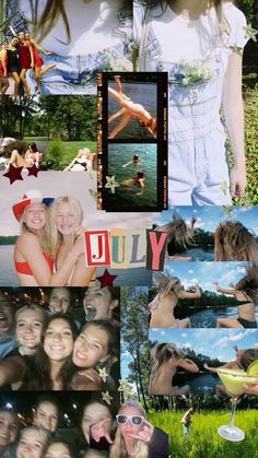 a collage of photos with the words july written on them and people in swimsuits