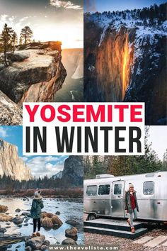 an advertisement for yosemite in winter with two people standing next to a camper