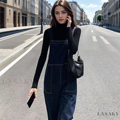 Lasaky - Loose-Fitting and Fashionable Denim Overalls: High-Waisted and Straight-Legged Jumpsuit Trousers Denim Suspenders, High Waist Jumpsuit, High Waist Wide Leg Jeans, Jumpsuit Long, Pocket Jumpsuit, Suspender Pants, Long Trousers, Pants Large, Jumpsuit Trousers