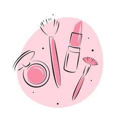 cosmetics and makeup products are arranged in a circle on a pink background with polka dots