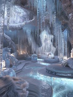 an ice cave with snow and icicles hanging from the ceiling, surrounded by water features