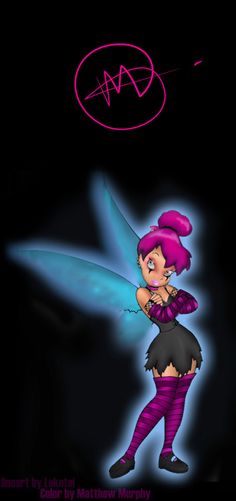 a cartoon character with pink hair and purple boots, standing in front of a black background