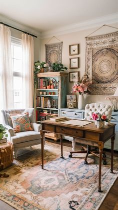 a living room filled with furniture and lots of books on top of a wooden table