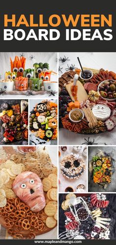 a collage of halloween board ideas including cookies, pretzels, candy and candies