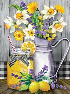 a painting of lemons, daffodils and flowers in a mason jar