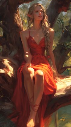 a painting of a woman in a red dress sitting on a tree branch