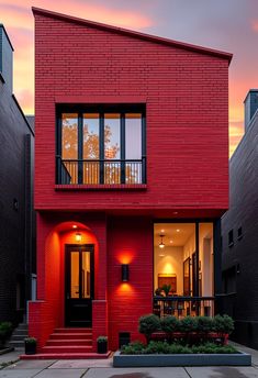 a red brick house with black windows and steps leading up to the front door at sunset