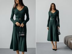 Stunning women's knitted midi dress emerald colour. Sweaterdress with pleated skirt and belt. Long sleeves knitted dress. Formal warm winter dress Material: blend of Cotton 90%, Viscose 10% Colours: Milky, Beige,Black,Sage, Emerald SIZE/LENGTH: XS-S-115cm  S-M-118cm  L-XL- 121 cm  XL-XXL-123cm Model on the Foto  170cm- S size PRODUCT CARE  - It is recommended to handwash 30oC. -twist carefully  Feel Free to Ask Any Question about Sizing and Fit. FREE DELIVERY WORLWIDE! Green Midi Dress For Fall Workwear, Green Midi Dress For Workwear In Fall, Winter Workwear Dress With Belt, Belted Midi Dress For Winter Workwear, Knee-length Midi Dress With Belt For Fall, Warm Winter Dresses, Emerald Colour, Black Sage, Knitted Midi Dress