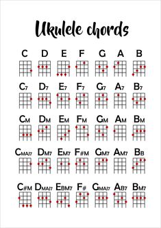 the ukulele chords are arranged in red and black, as well as an image of