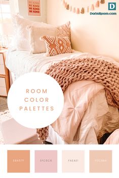 a bedroom with pink and beige colors on the walls, white bedding and pillows