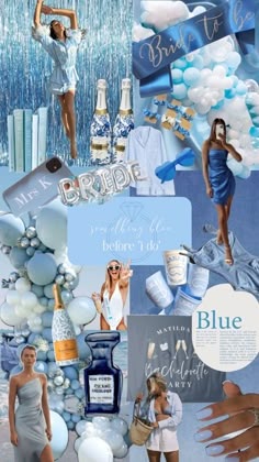 a collage of blue and white items with the words bride on them, including balloons,