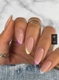 French Nails Summer Style, Ombre Nail Designs French, Rainbow Tip Almond Nails, Elegant Nails For Summer, Almond Nails Rainbow, Short Almond Nails Designs Summer, Elegant Nails Almond, Almond Nails Colorful, Colorful Almond Nails