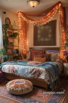 a bedroom decorated with string lights and blankets on the bed, rugs in front of window