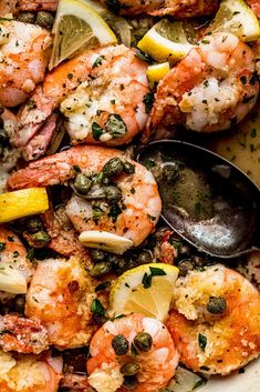 shrimp piccata with lemon and capers in a white bowl