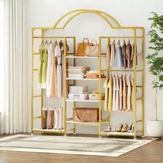 an open closet with clothes and handbags on shelves next to a potted plant