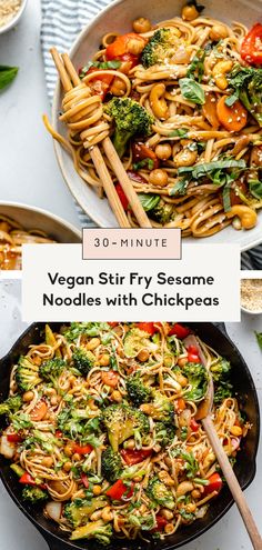 vegan stir fry sesame noodles with chickpeas and broccoli in a skillet